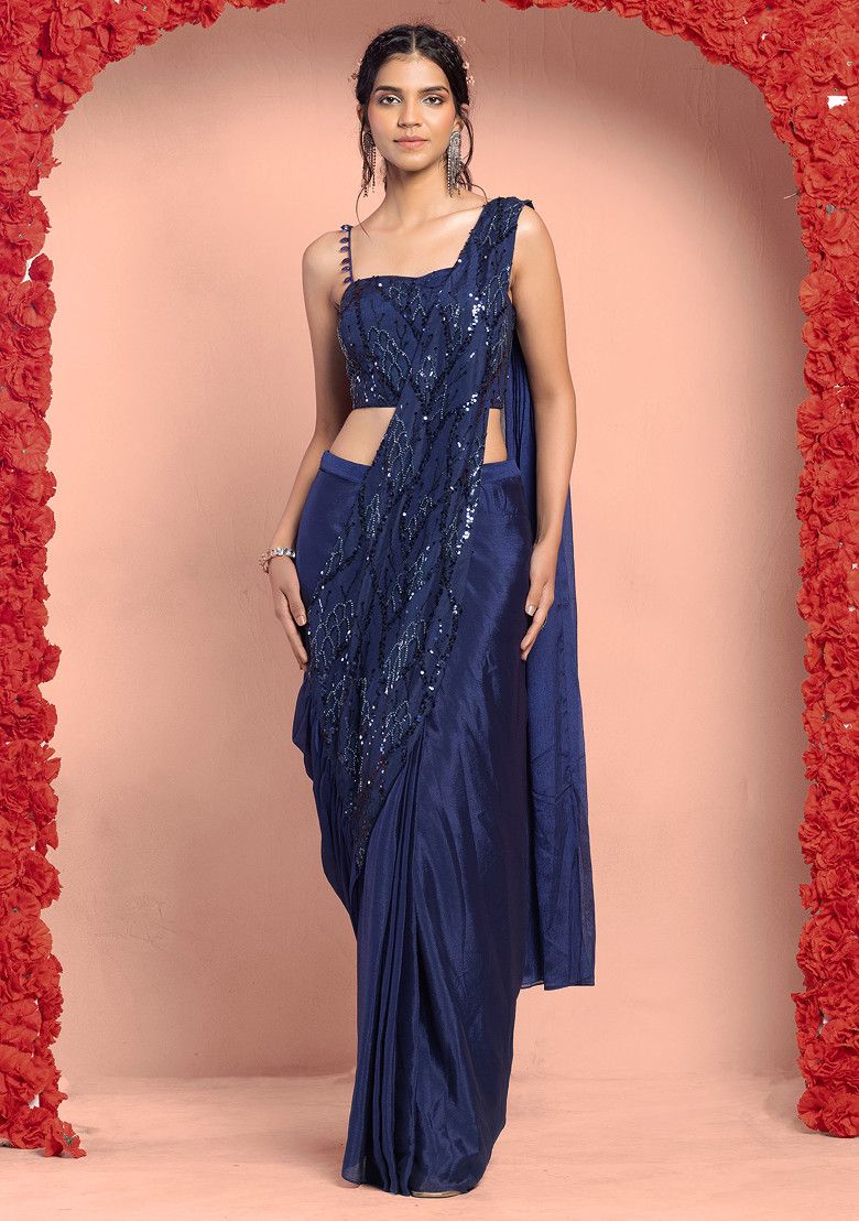 Buy Women Navy Blue Sequin Hand Embroidered Pre Stitched Saree Set With