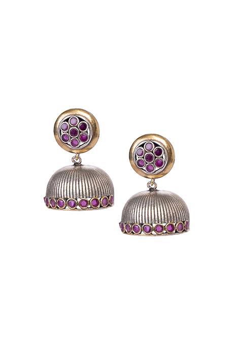 Buy Women Dual Tone Pink Multi Stone Half Jhumka Earrings Jhumki