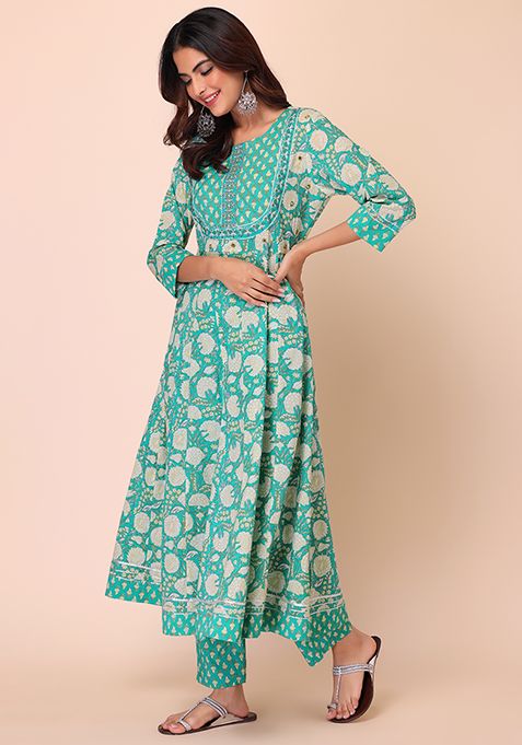 Buy Women Light Green Cotton Anarkali Kurta With Pants And Dupatta Set