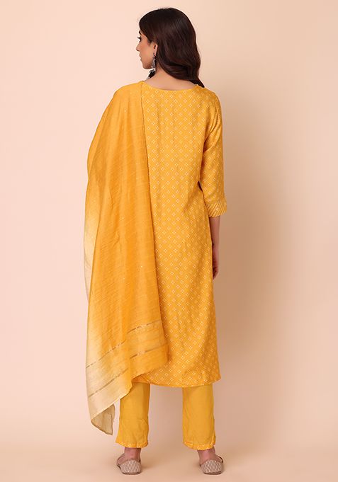 Buy Women Yellow Sequin Embroidered Muslin Kurta With Pants And Dupatta