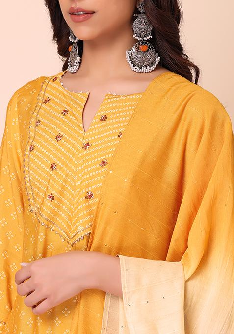 Buy Women Yellow Sequin Embroidered Muslin Kurta With Pants And Dupatta