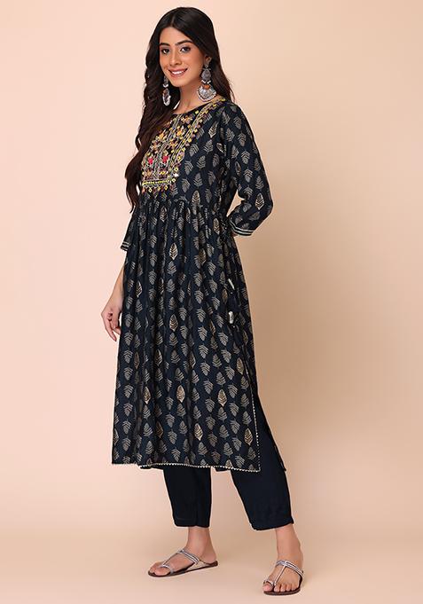 Buy Women Navy Blue Muslin Kurta With Pants And Dupatta Set Of 3