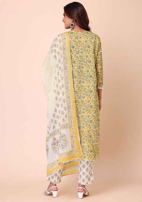 Buy Women Yellow Cotton Kurta With Ivory Pants And Dupatta Set Of 3