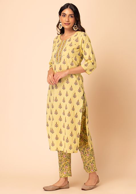 Buy Women Yellow Boota Print Cotton Kurta With Printed Pants And