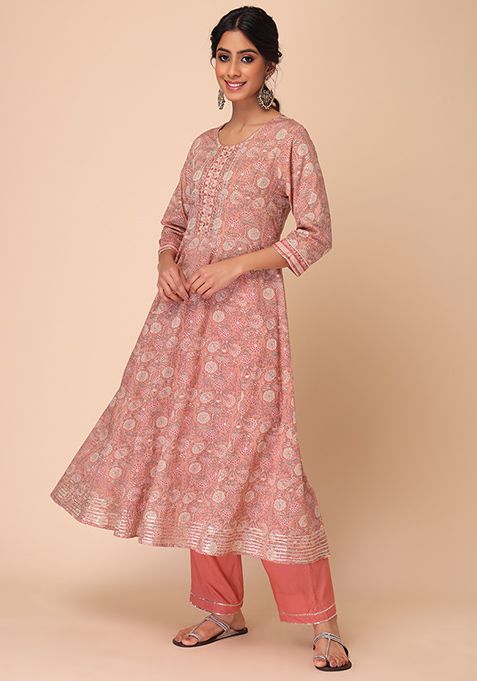 Buy Women Peach Floral Jaal Print Cotton Anarkali Kurta With Pants And