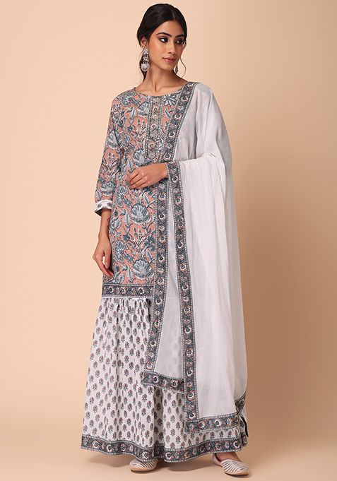 Buy Women Peach Floral Jaal Print Cotton Short Kurta With Pants And