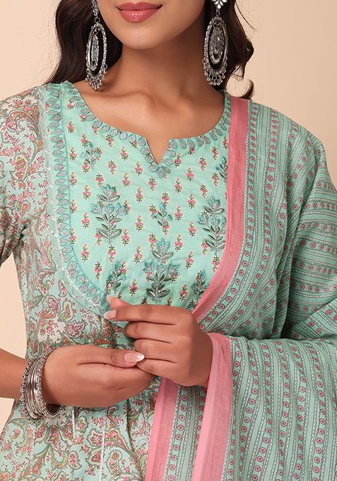 Buy Women Light Green Floral Print Cotton Anarkali Kurta With Pants And