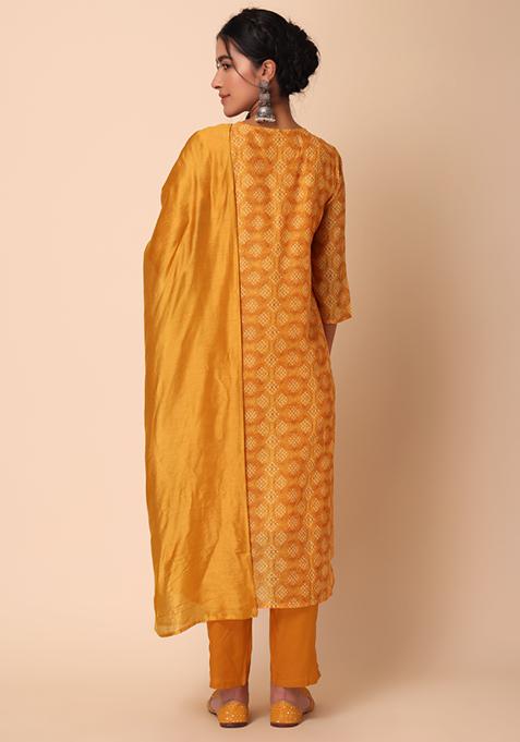 Buy Women Mustard Yellow Bandhani Print Muslin Kurta With Pants And