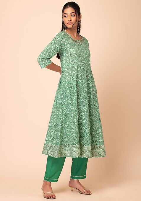 Buy Women Green Floral Print Cotton Anarkali Kurta With Pants And