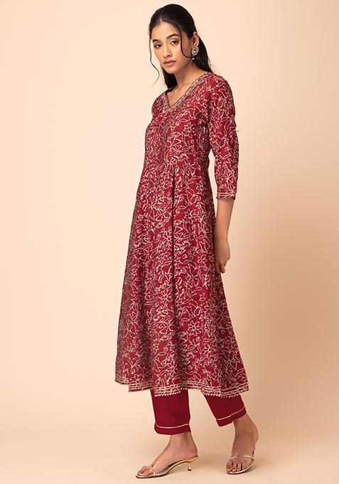 Buy Women Red Foil Print Muslin Anarkali Kurta With Pants And Dupatta