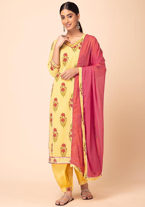 Buy Women Yellow Floral Boota Print Cotton Kurta With Salwar And