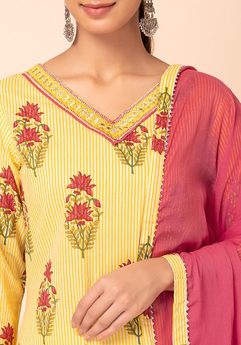 Buy Women Yellow Floral Boota Print Cotton Kurta With Salwar And