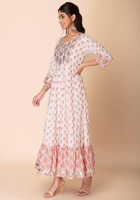 Buy Women Ivory Floral Print Cotton Anarkali Kurta With Printed Pants