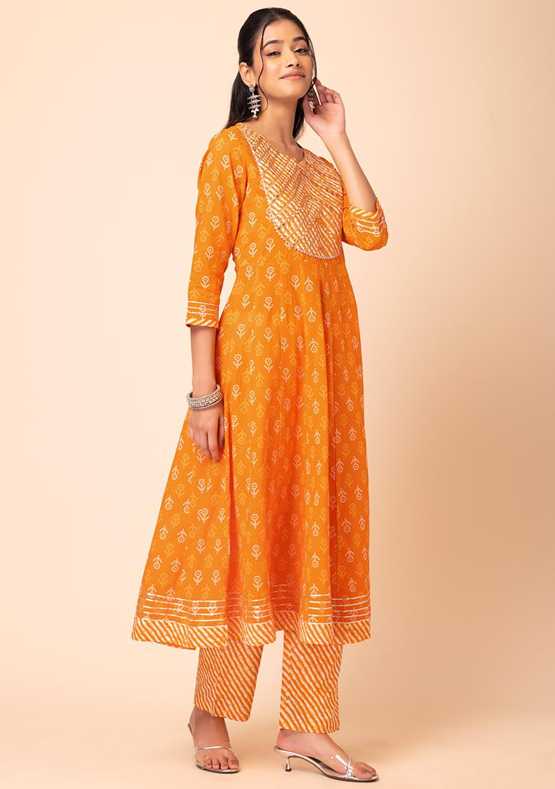 Buy Women Orange Bandhani Print Zari Embroidered Cotton Kurta With