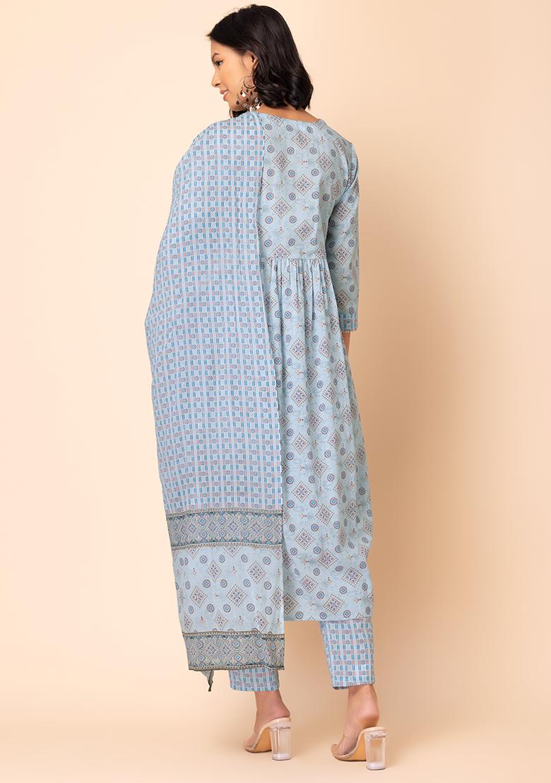 Buy Women Light Blue Floral Print Cotton Angrakha Kurta With Pants And