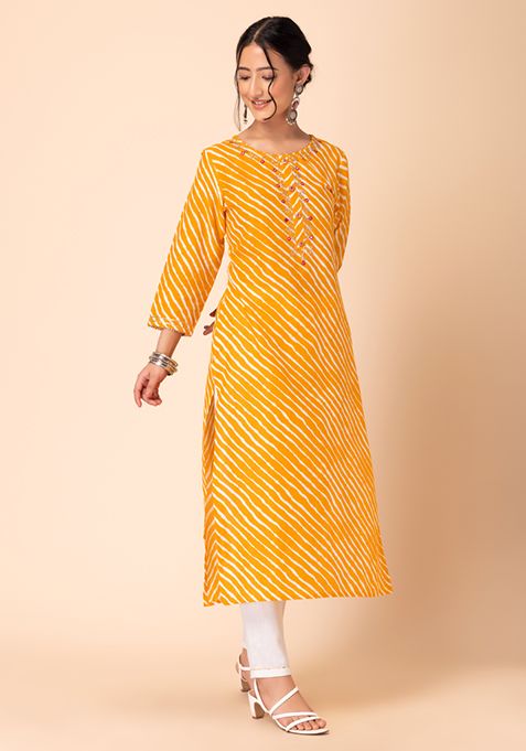 Buy Women Mustard Leheriya Print Embroidered Cotton Kurta With Pants