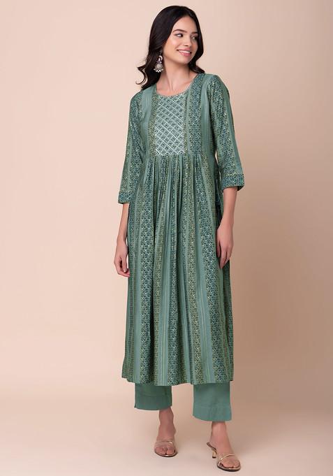 Buy Women Sage Green Abstract Print Muslin A Line Kurta And Pants Set