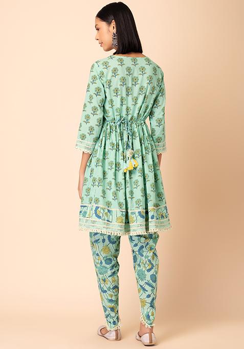 Buy Women Pastel Green Floral Boota Print Cotton Kurta And Tulip Pants