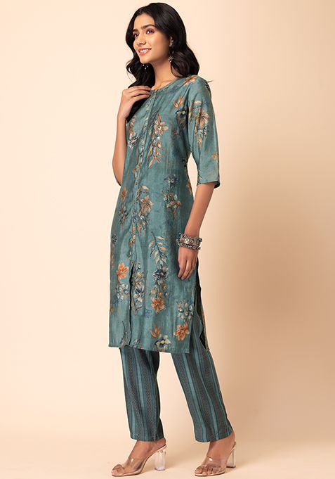 Buy Women Green Floral Foil Print Muslin Kurta And Printed Pants Set