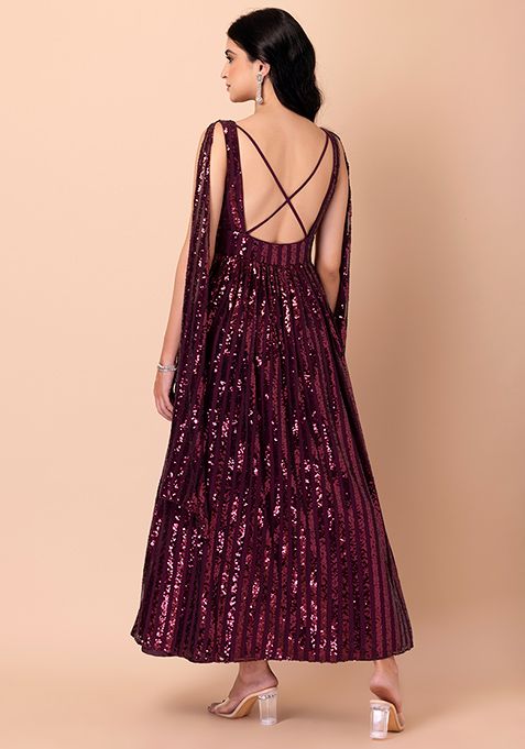 Buy Women Maroon Sequin Embroidered Gown Jewel Tones Indya