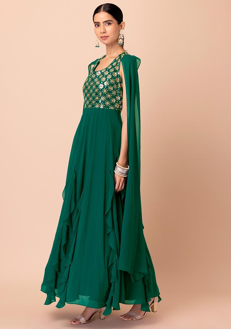 Buy Women Forest Green Sequin Mirror And Zari Embroidered Gown