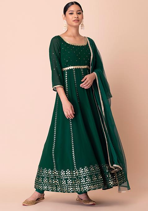 Buy Women Emerald Foil And Gota Embroidered Anarkali Suit Set With