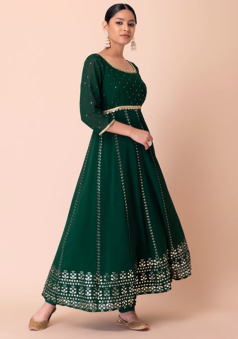 Buy Women Emerald Foil And Gota Embroidered Anarkali Suit Set With