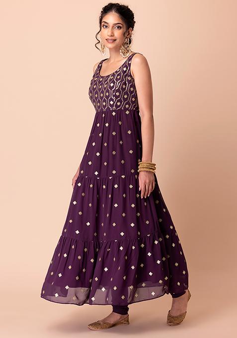 Buy Women Sangria Purple Sequin And Zari Embroidered Tiered Anarkali