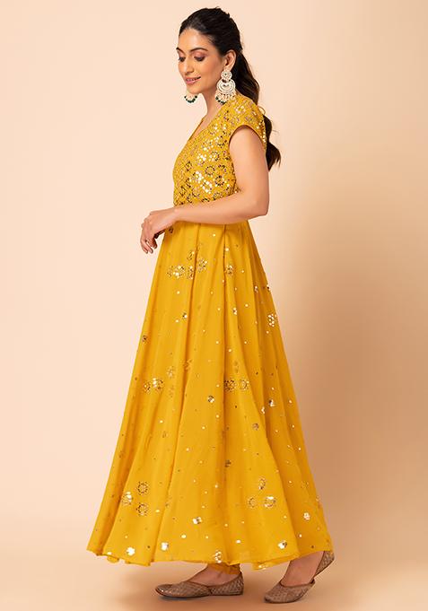 Buy Women Mustard Sequin And Mirror Embroidered Anarkali Suit Set With