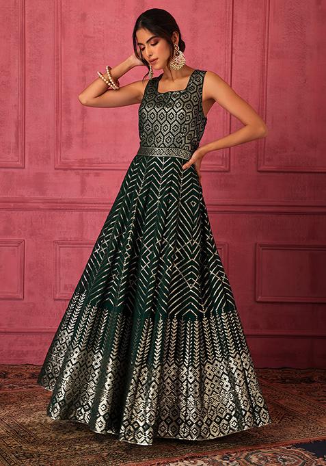 Buy Women Emerald Green Sequin Embroidered Anarkali Gown Jewel Tones