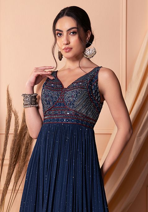 Buy Women Navy Blue Thread Embroidered Tiered Anarkali Gown Jewel