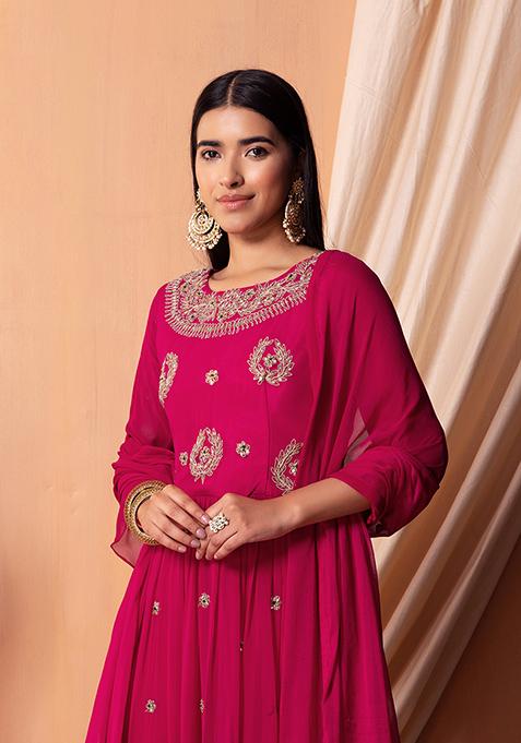 Buy Women Hot Pink Zari Embroidered Sharara Set With Kurta And Dupatta