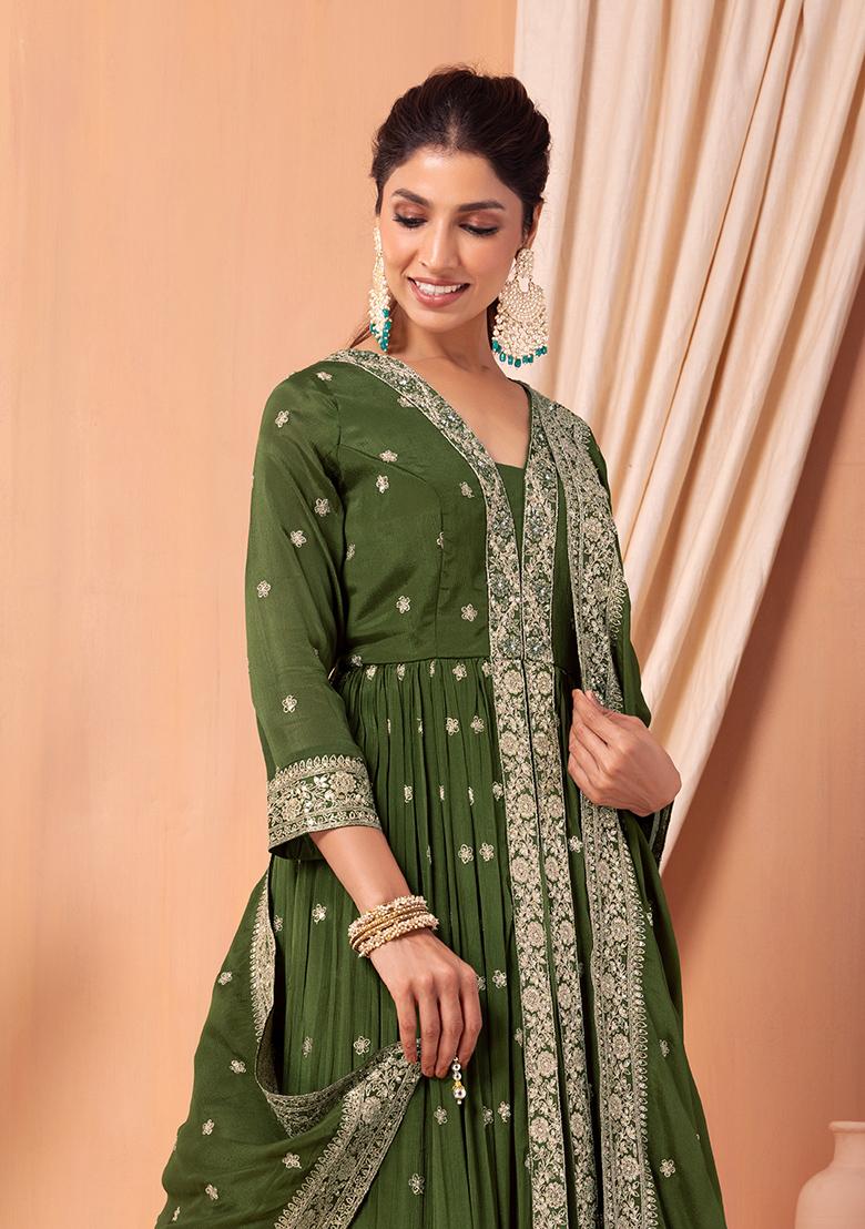 Buy Women Green Zari Sequin Embroidered Kurta Set With Lehenga Skirt