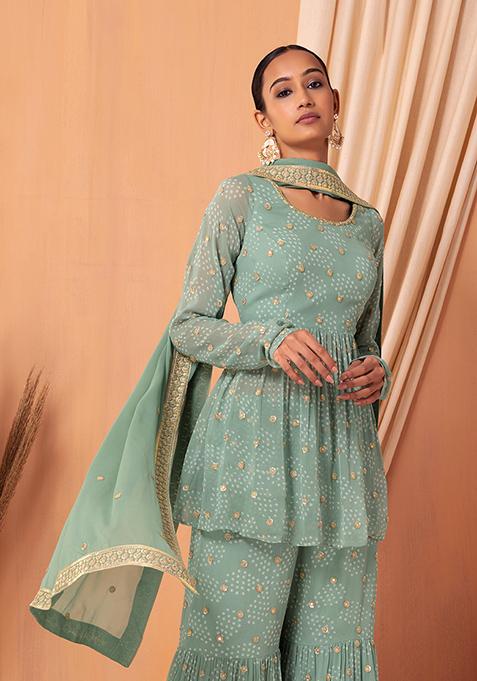 Buy Women Sage Green Bandhani Print Embroidered Gharara Set With Peplum