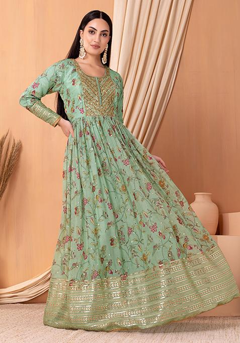 Buy Women Sage Green Floral Print Embroidered Anarkali Suit Set With