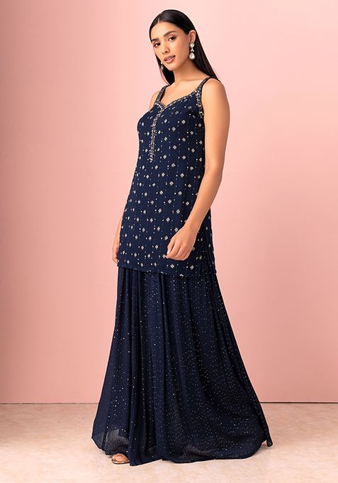 Buy Women Navy Blue Sequin Sharara Set With Zari Embroidered Kurta And