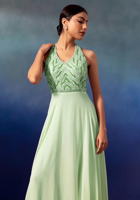 Buy Women Mint Green Sequin And Bead Embellished Halter Anarkali Gown