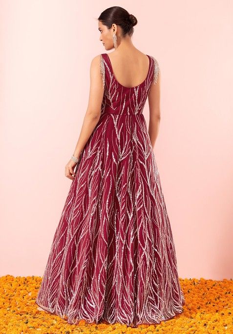 Buy Women Maroon Abstract Sequin Embroidered Gown Jewel Tones Indya