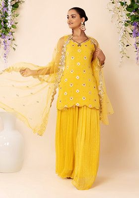 Buy Women Yellow Boota Print Kurta Set With Palazzo And Dupatta