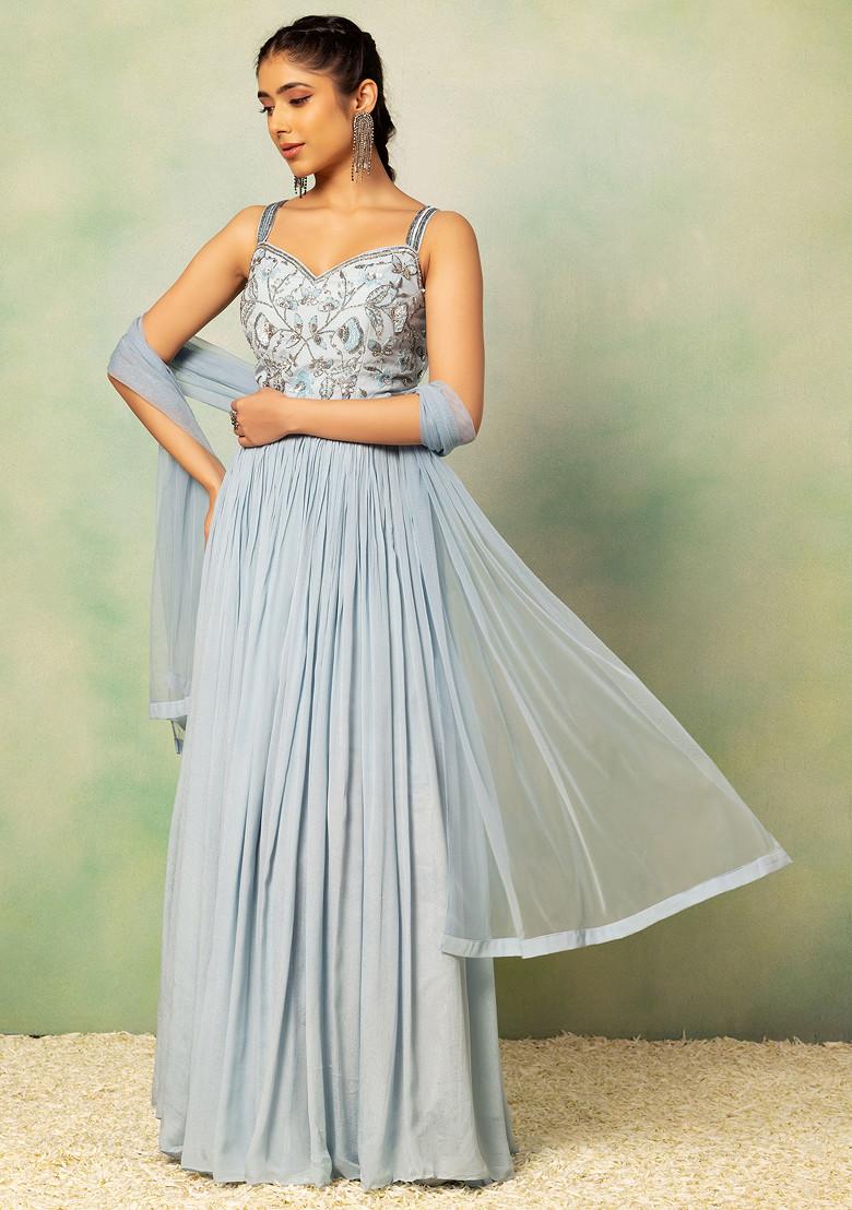 Buy Women Powder Blue Floral Sequin Embellished Anarkali Gown With Mesh