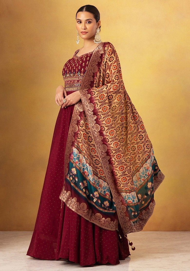 Buy Women Maroon Embroidered Anarkali Gown With Printed Dupatta Jewel