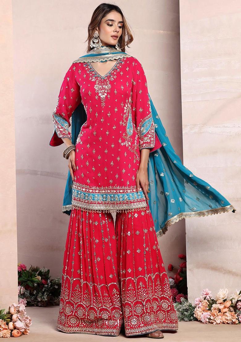 Buy Women Rani Pink Zari Embroidered Sharara Set With Paisley