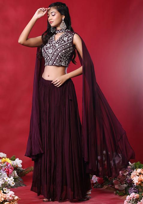 Buy Women Wine Lehenga Set With Floral Embellished Blouse And Cape