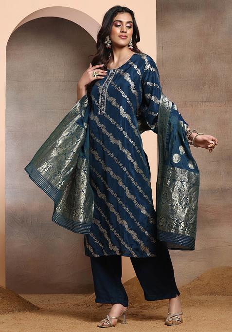 Buy Women Teal Blue Floral Embellished Brocade Kurta Set With Pants And