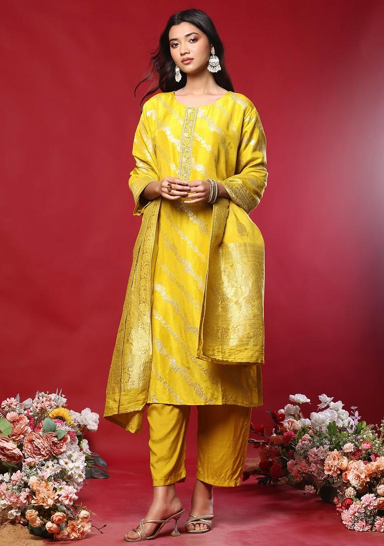 Buy Women Mustard Floral Embellished Brocade Kurta Set With Pants And