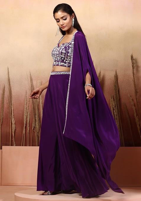 Buy Women Purple Sharara Set With Mirror Bead Embellished Blouse And