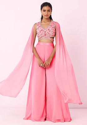 Buy Women Pink Palazzo Set With Floral Hand Embellished Blouse Fusion