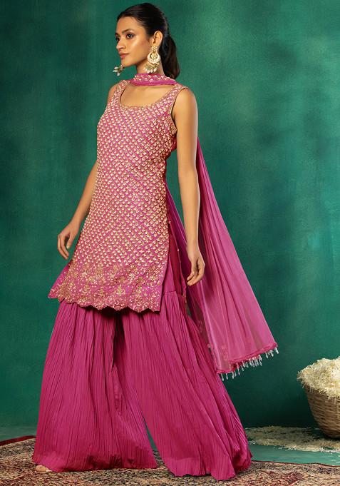 Buy Women Hot Pink Pleated Sharara Set With Sequin Hand Embroidered