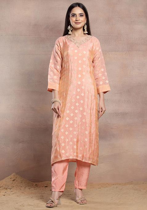 Buy Women Light Peach Floral Embellished Brocade Kurta Set With Pants