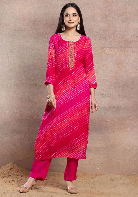 Buy Women Fuchsia Pink Leheriya Print Embroidered Kurta Set With Pants